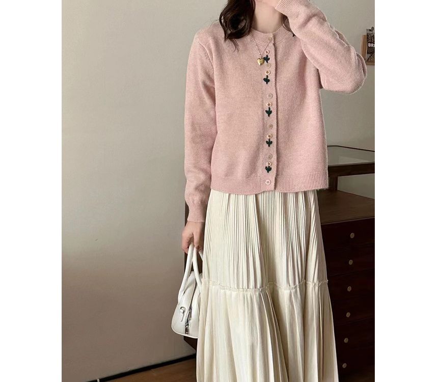 Neck Floral Crew Cardigan Plain