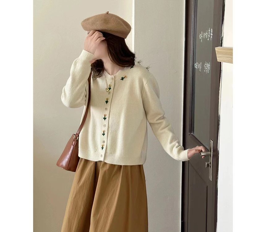 Neck Floral Crew Cardigan Plain