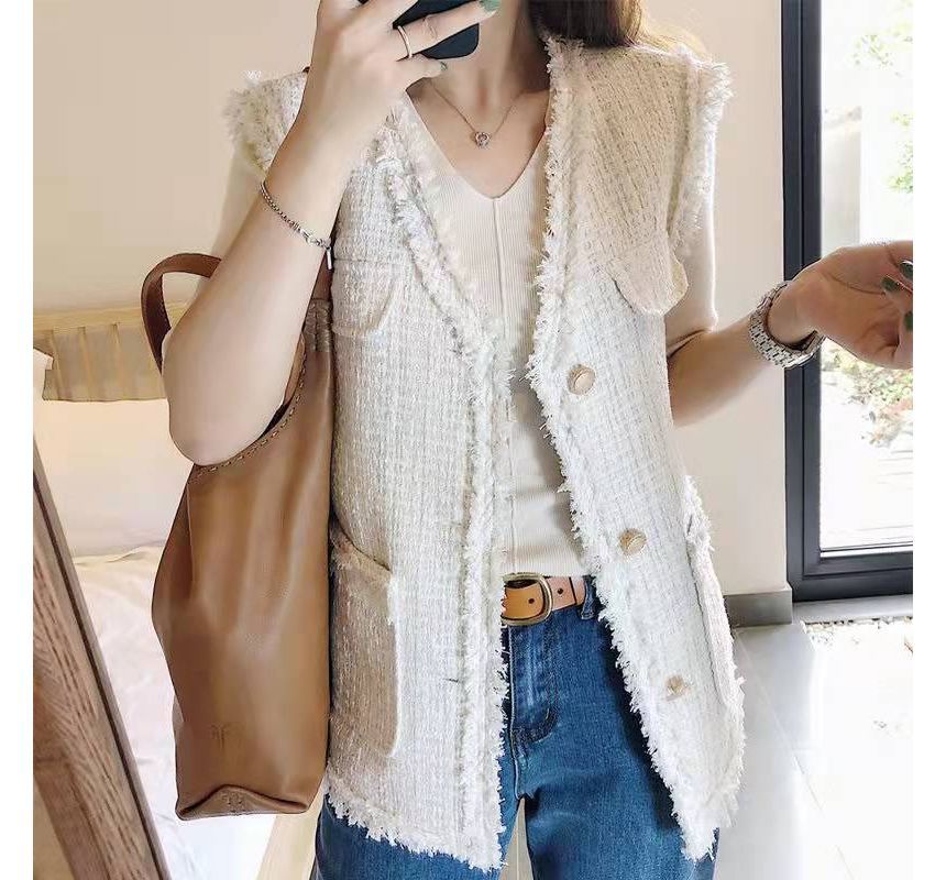 V-Neck Tweed Tassel Trim Button-Up Vest