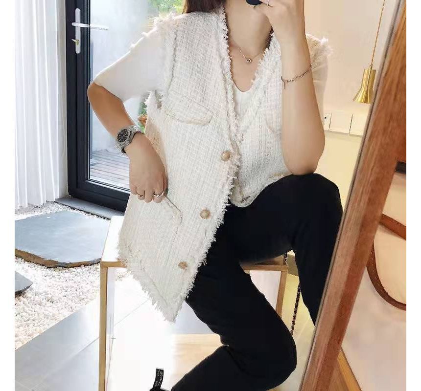 V-Neck Tweed Tassel Trim Button-Up Vest