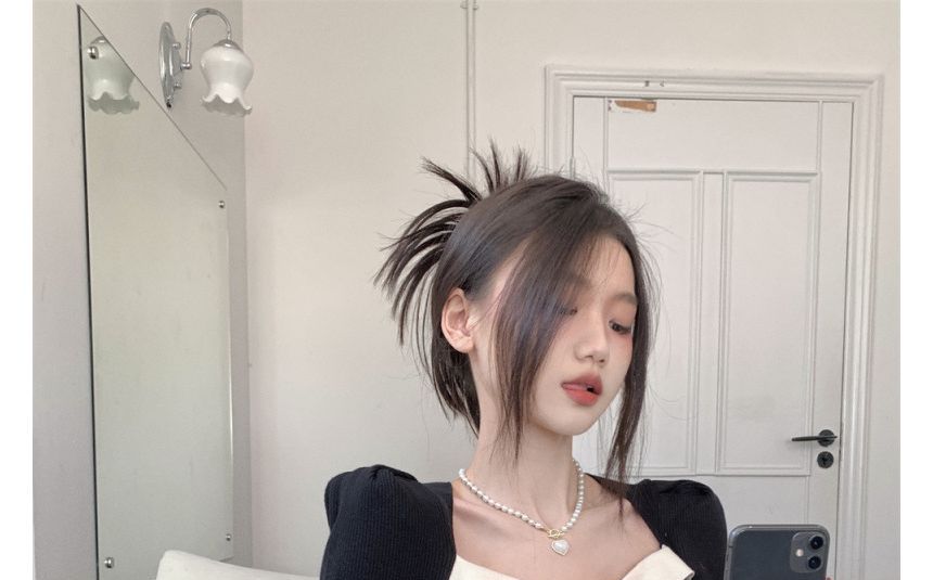 Square-Neck Slim-Fit Top Puff-Sleeve Knit