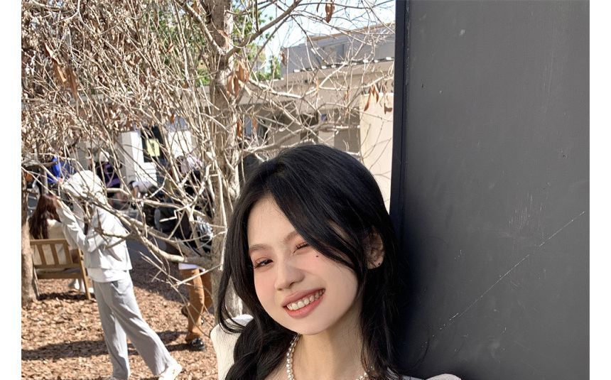 Square-Neck Slim-Fit Top Puff-Sleeve Knit