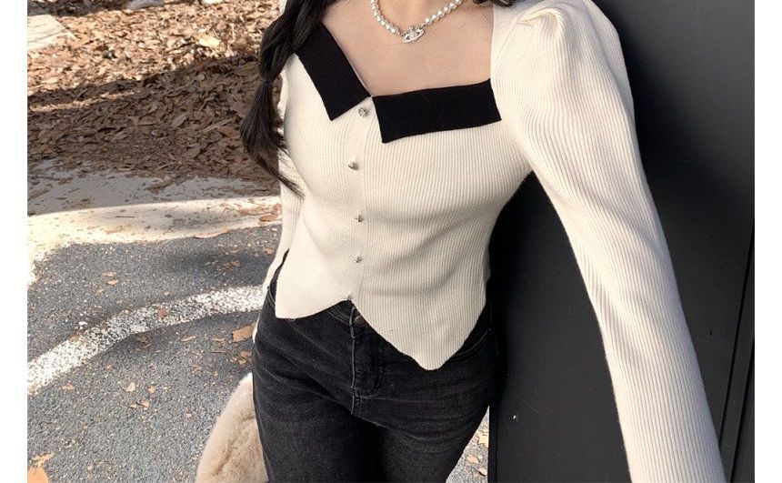 Square-Neck Slim-Fit Top Puff-Sleeve Knit