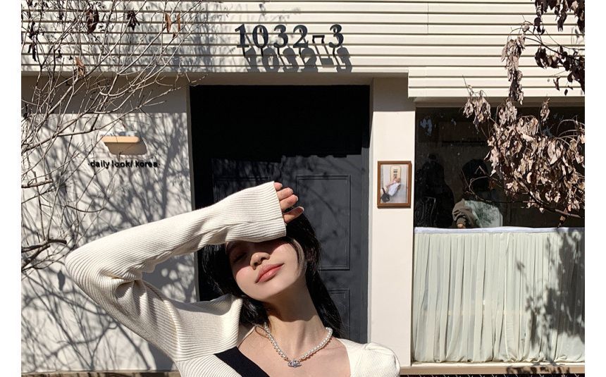 Square-Neck Slim-Fit Top Puff-Sleeve Knit