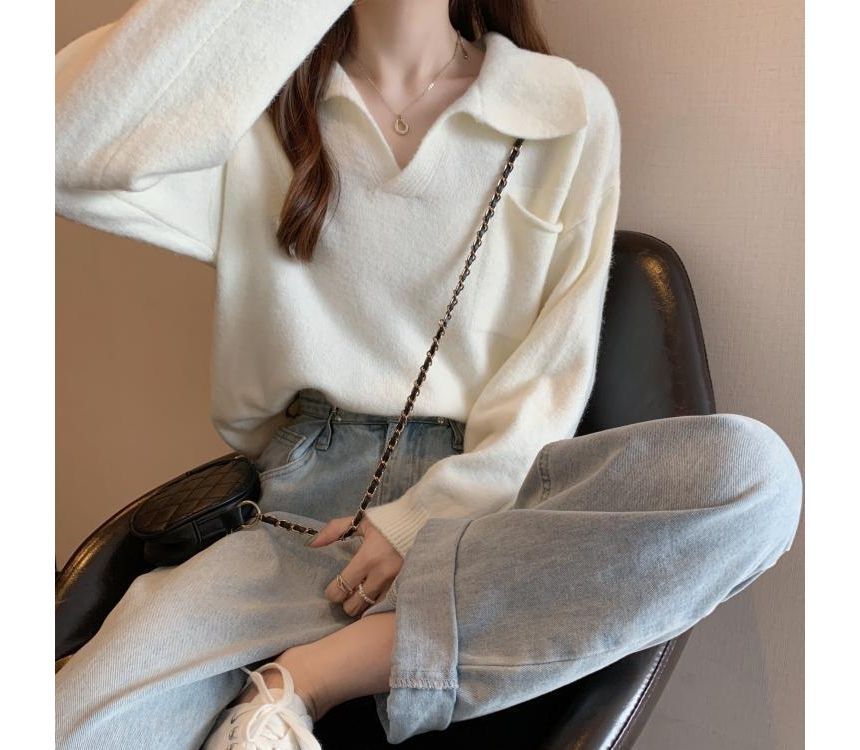 Plain Sweater Loose-Fit V-Neck