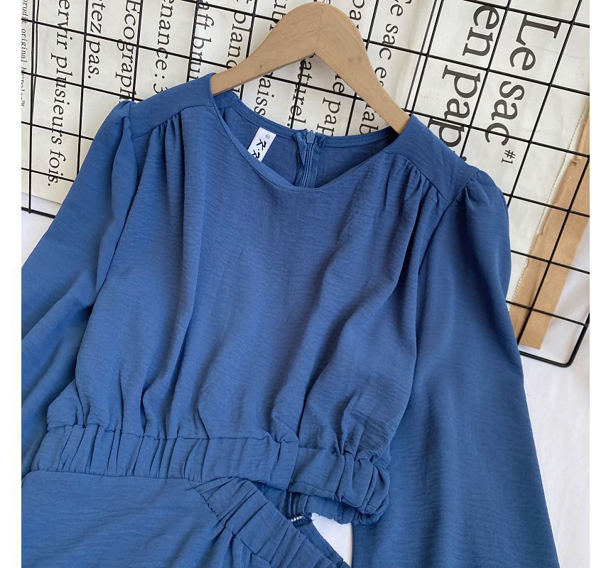 Puff-Sleeve Plain Cutout Midi A-Line Dress