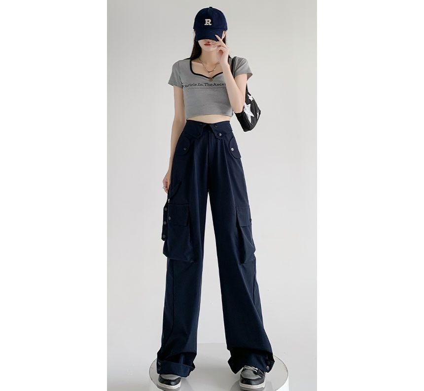 Waist Detailed Pocketed High Waist Plain Wide Leg Cargo Pants
