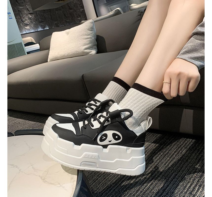Lace-Up Applique Sneakers Platform Panda