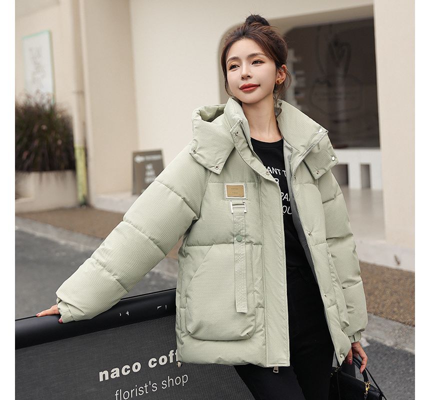 Applique Hooded Zip Puffer Jacket