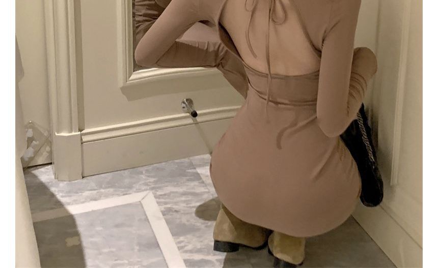Plain Dress Crew Mini Back Neck Long-Sleeve Open Sheath
