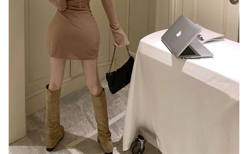 Plain Dress Crew Mini Back Neck Long-Sleeve Open Sheath