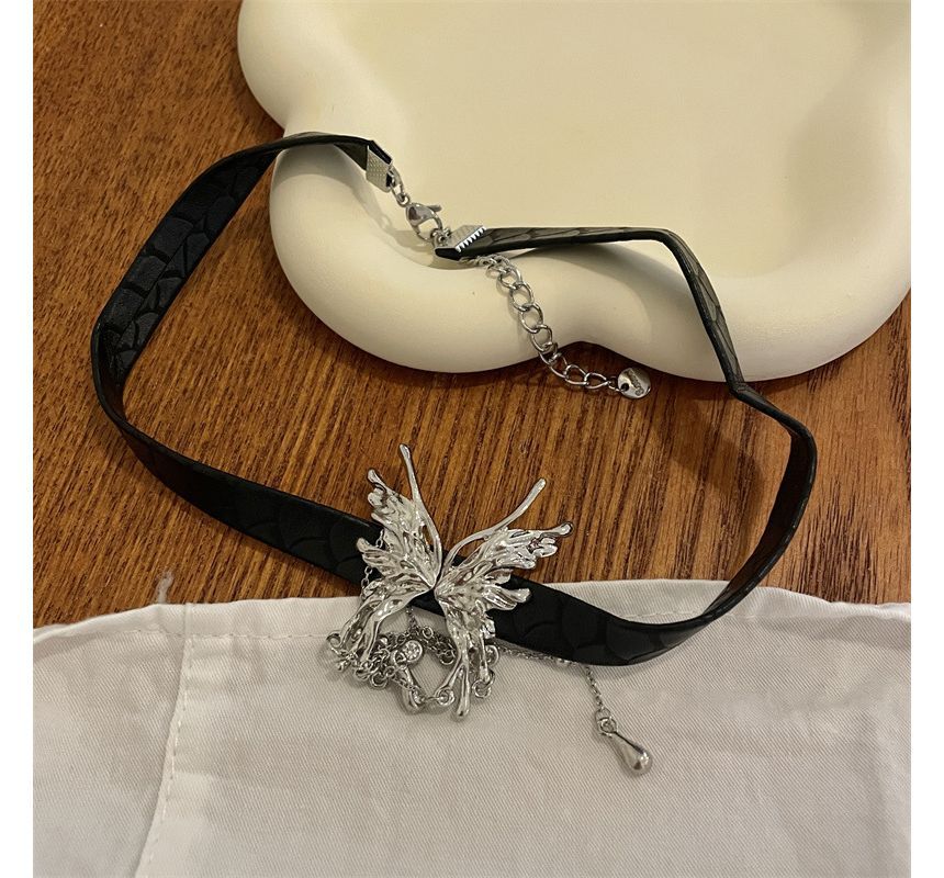 Choker Rhinestone Leather Butterfly Fringed Faux
