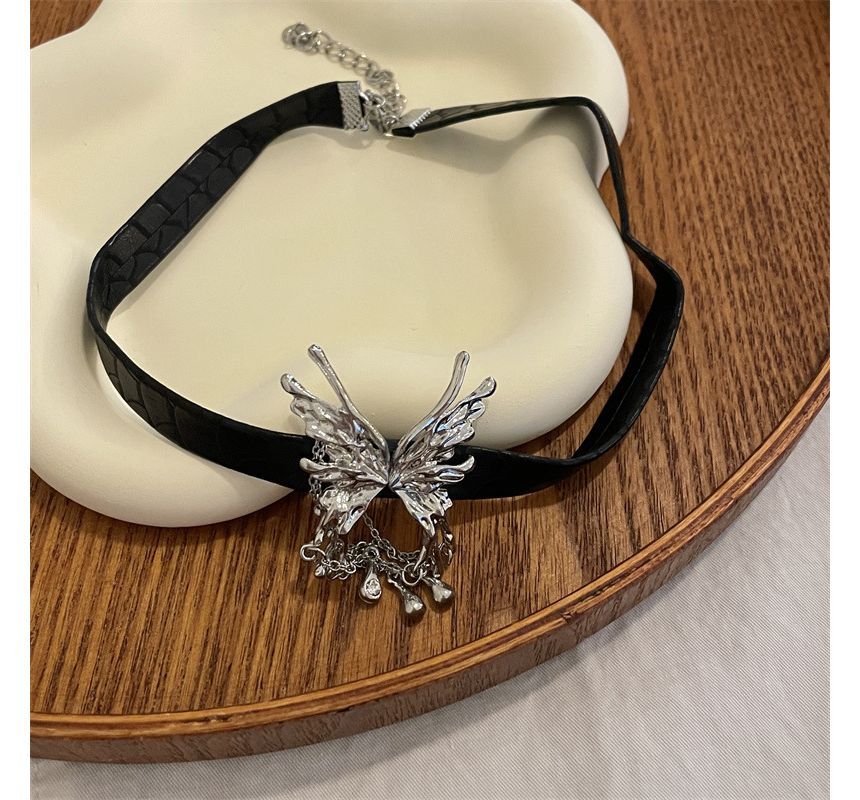 Choker Rhinestone Leather Butterfly Fringed Faux