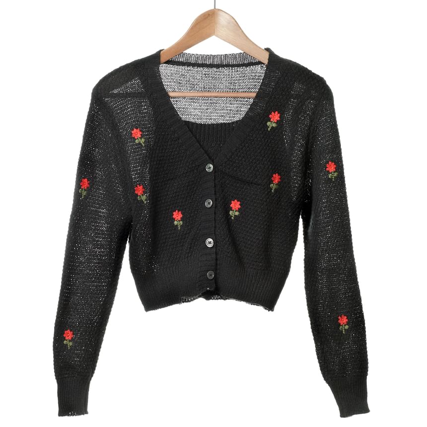 Top Embroidered Neck Knit Floral + Cardigan Crop Square Tank Set: