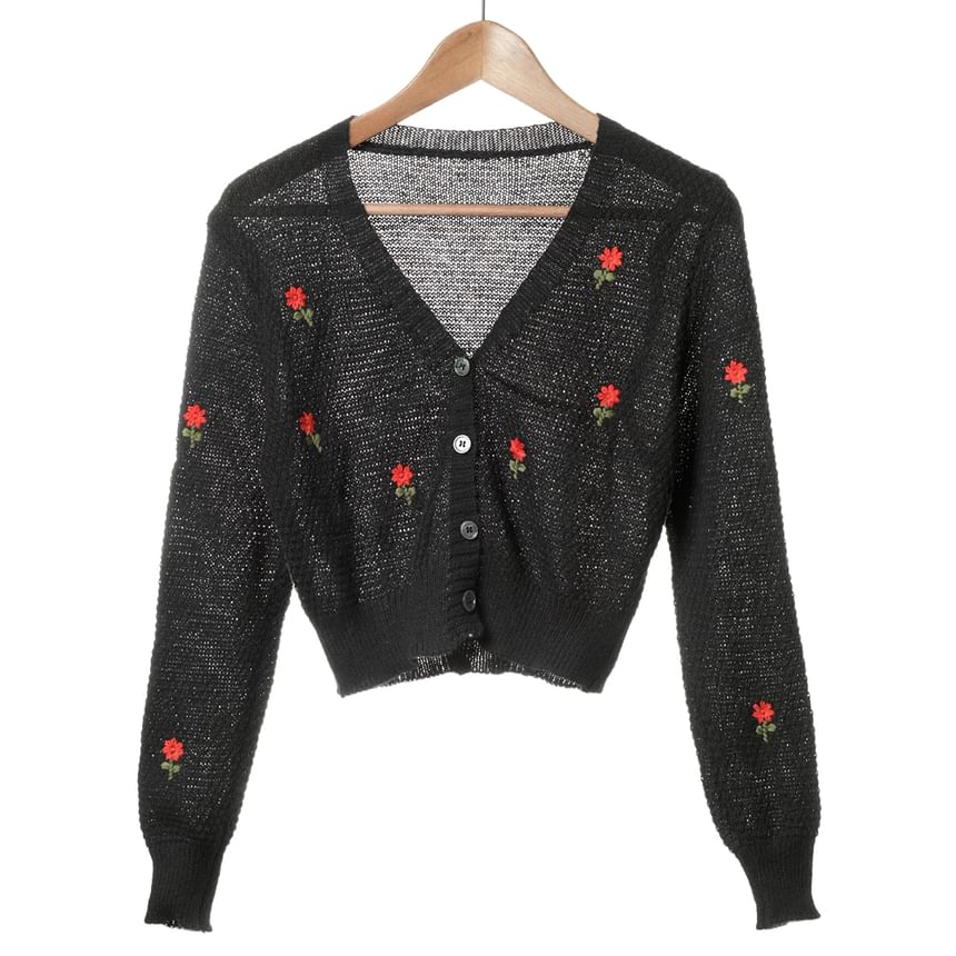 Top Embroidered Neck Knit Floral + Cardigan Crop Square Tank Set: