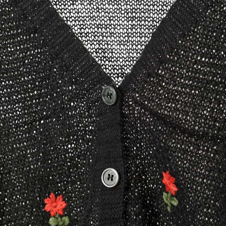 Top Embroidered Neck Knit Floral + Cardigan Crop Square Tank Set: