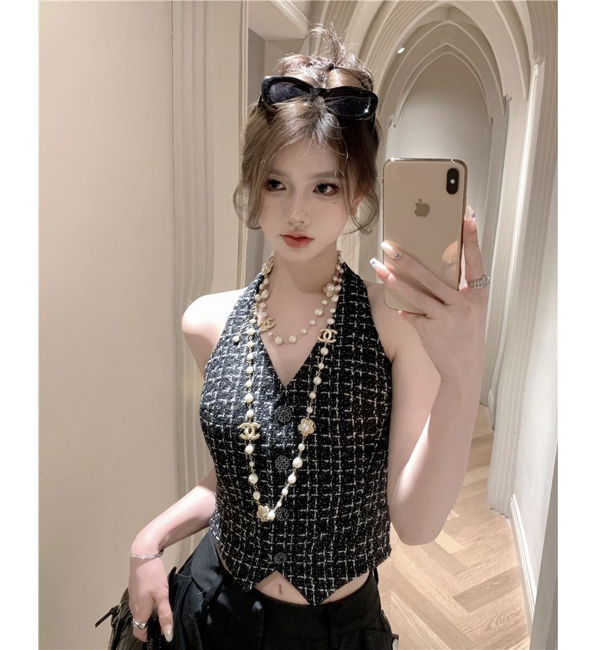 Halter Neck Plaid Tweed Button-Up Crop Vest