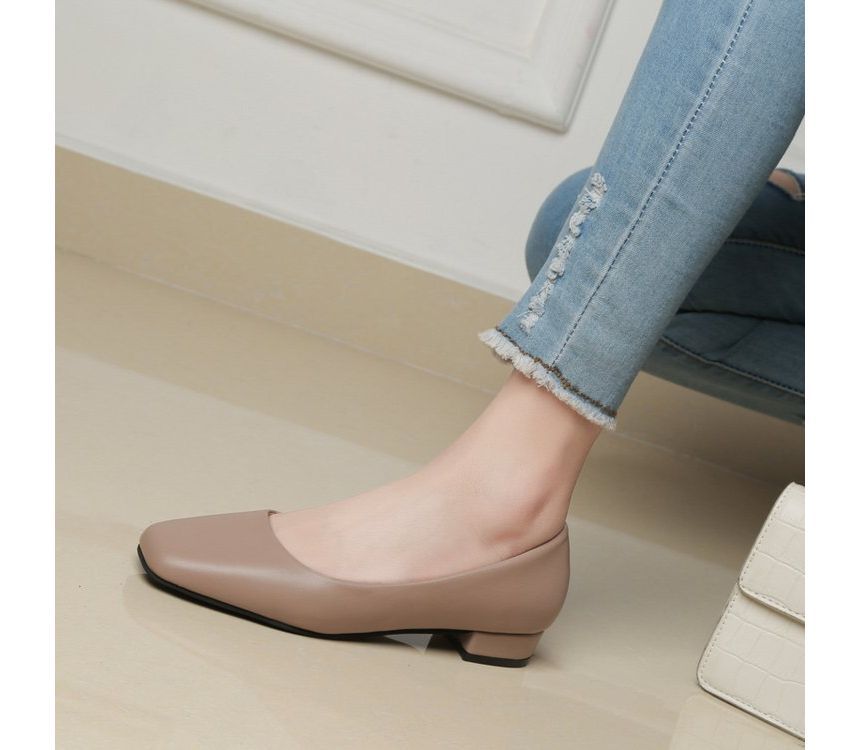 Toe Block Square Leather Plain Faux Heel Pumps
