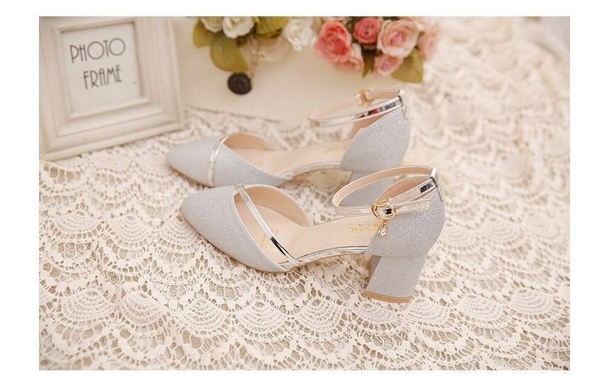 D'Orsay Strap Glitter Block Heel Toe Pumps Ankle Pointed