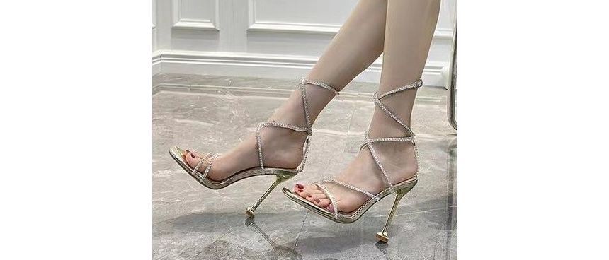Buckled Square Kitten Rhinestone Gladiator Heel Sandals Toe