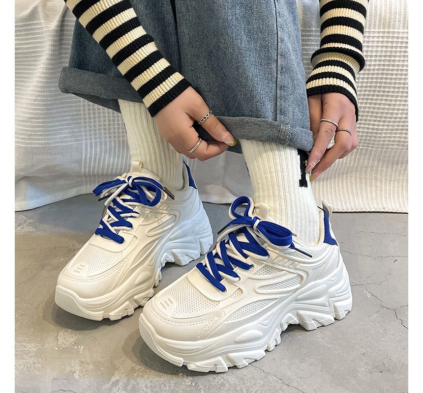 Sneakers Faux Tone Mesh Two Lace-Up Leather Platform Panel