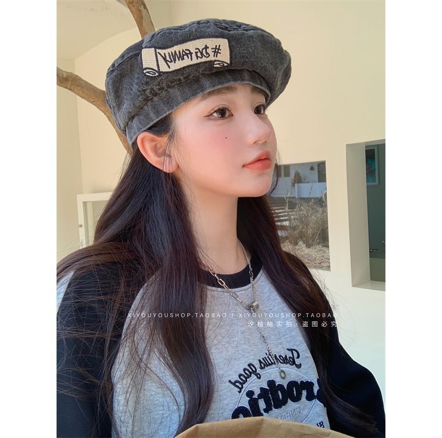 Lettering Embroidered Hat Denim Beret