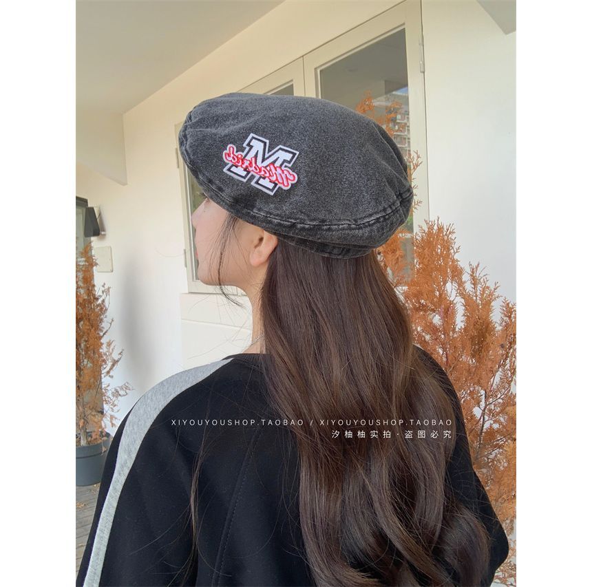 Lettering Embroidered Hat Denim Beret