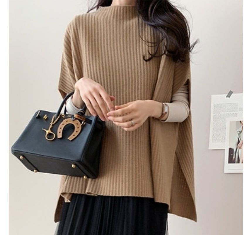Plain Slit Ribbed Knit Poncho