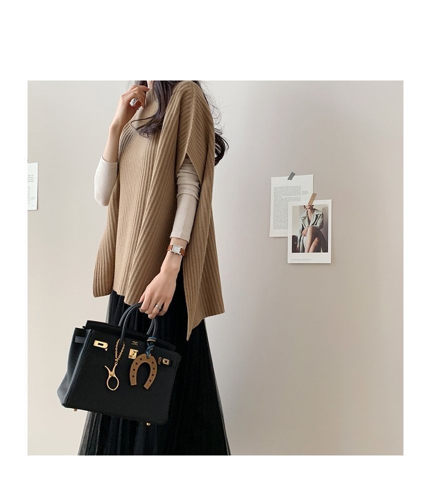 Plain Slit Ribbed Knit Poncho