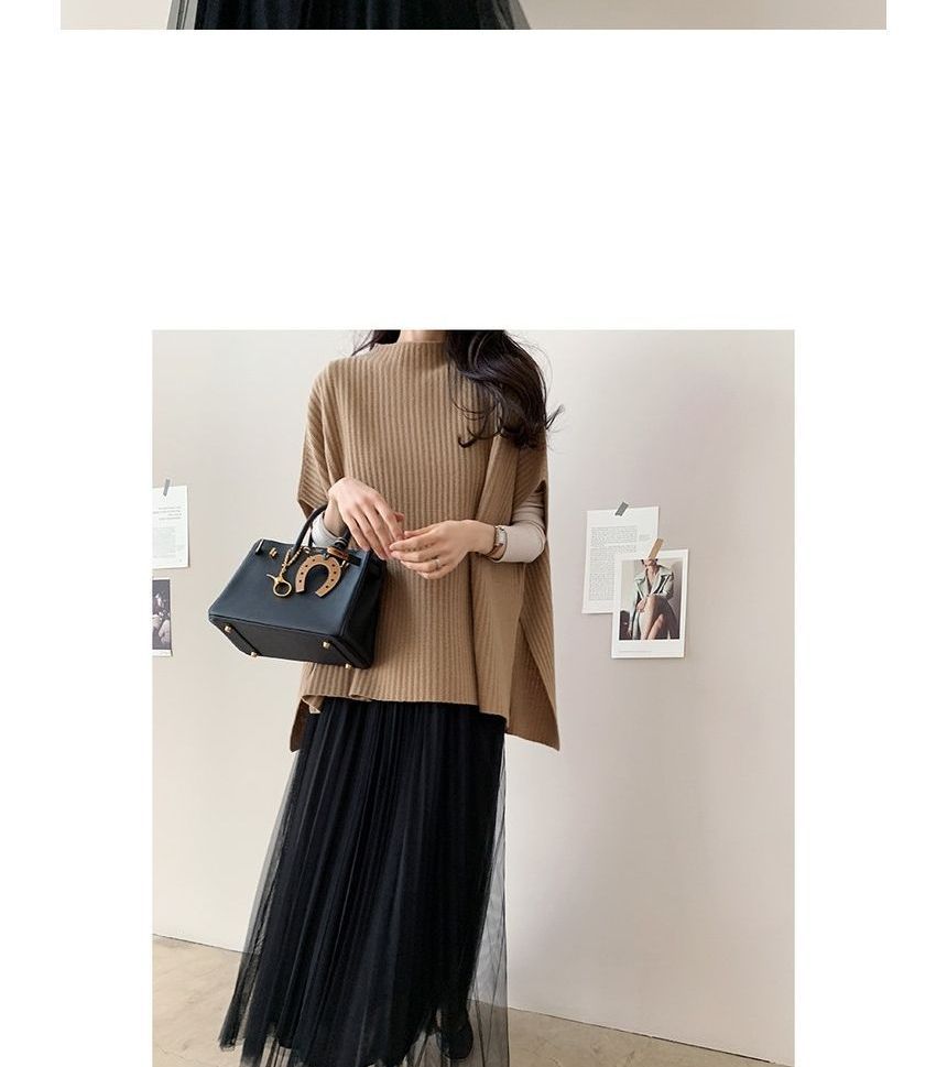 Plain Slit Ribbed Knit Poncho