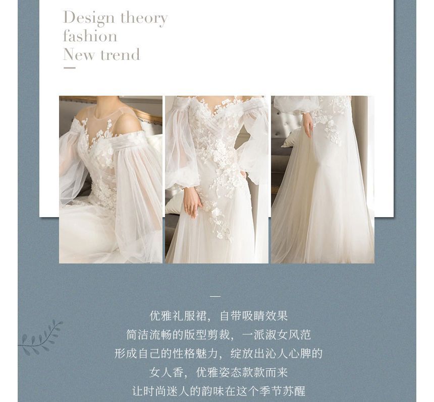 Balloon Sleeve Cold Shoulder Plain Flower Applique Mesh A-Line Wedding Gown