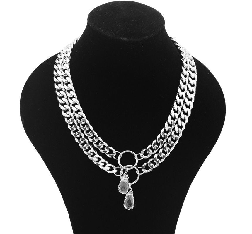 Droplet Faux Crystal Pendant Chunky Stainless Steel Choker
