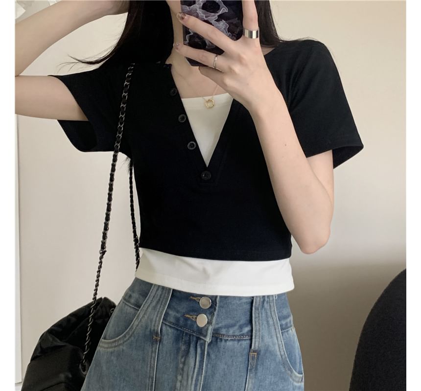 Two-Piece Mock Halter Top Short-Sleeve