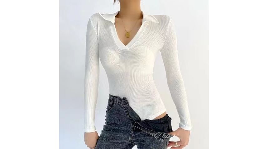 Polo-Neck Long-Sleeve Bodysuit Plain Ribbed Top