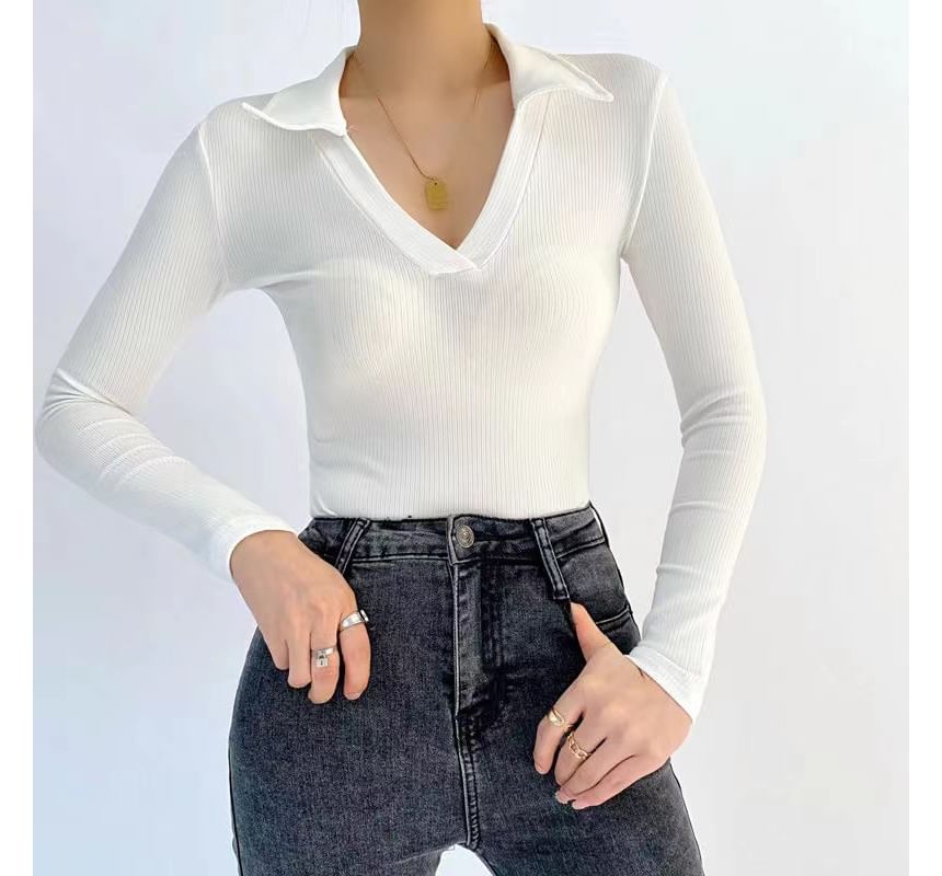 Polo-Neck Long-Sleeve Bodysuit Plain Ribbed Top