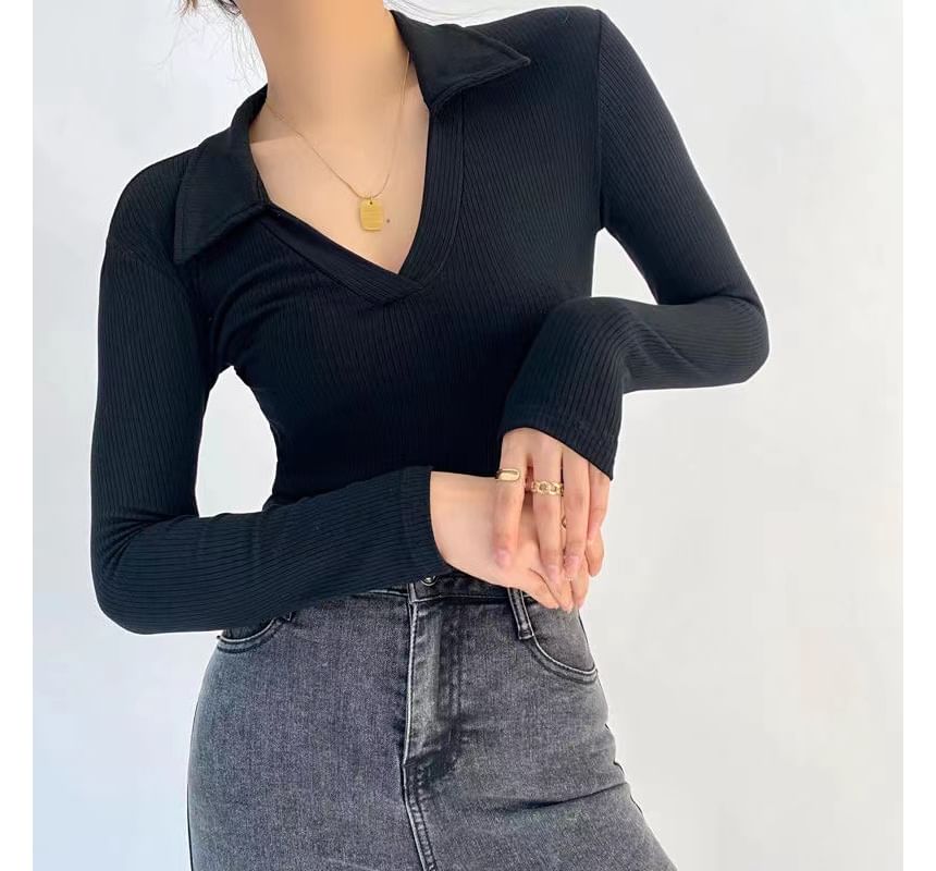 Polo-Neck Long-Sleeve Bodysuit Plain Ribbed Top