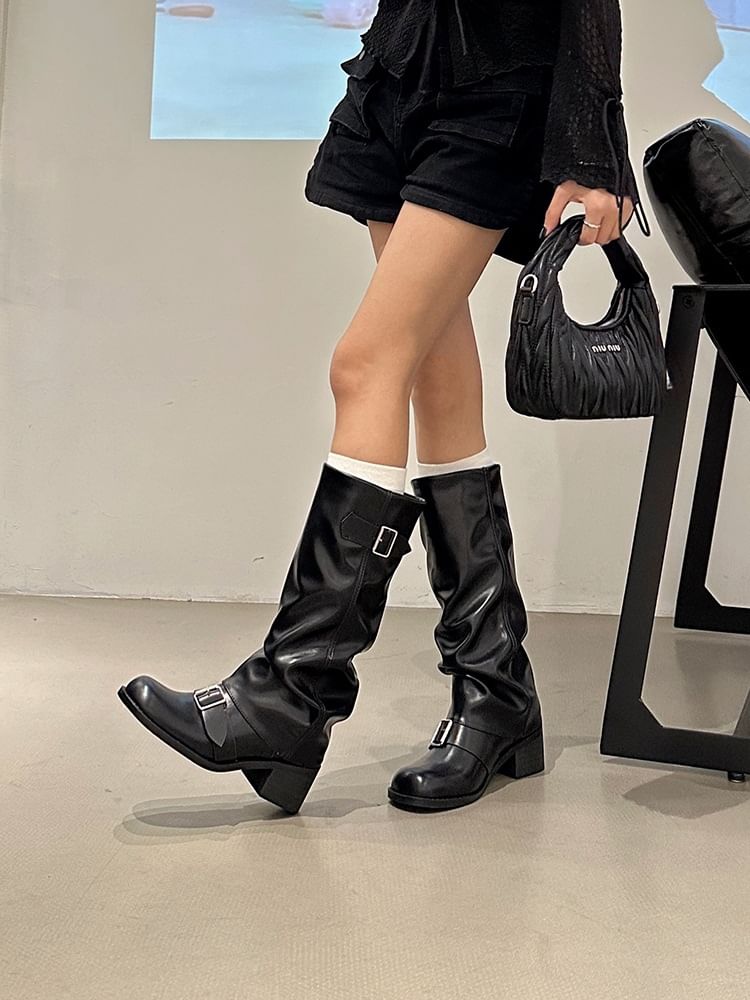 Heel Chunky Boots Tall Buckled
