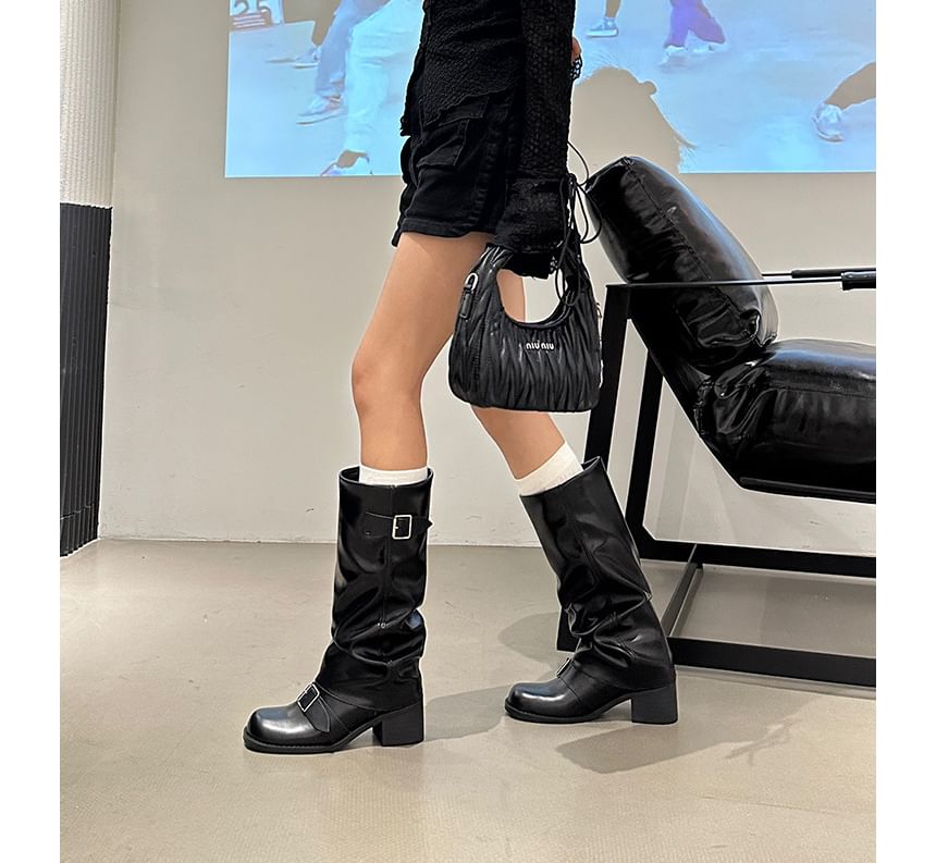 Heel Chunky Boots Tall Buckled