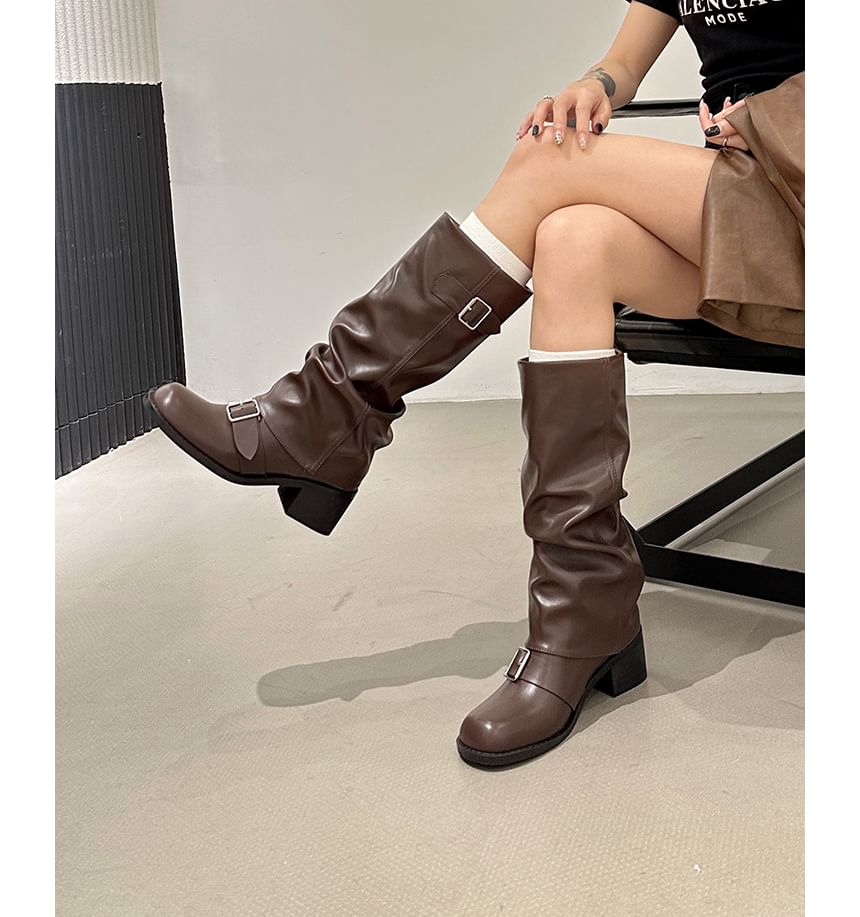 Heel Chunky Boots Tall Buckled