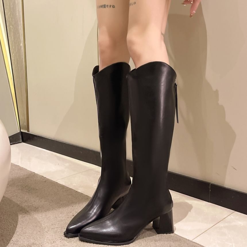 Faux Boots Leather Chunky Heel Pointy Tall