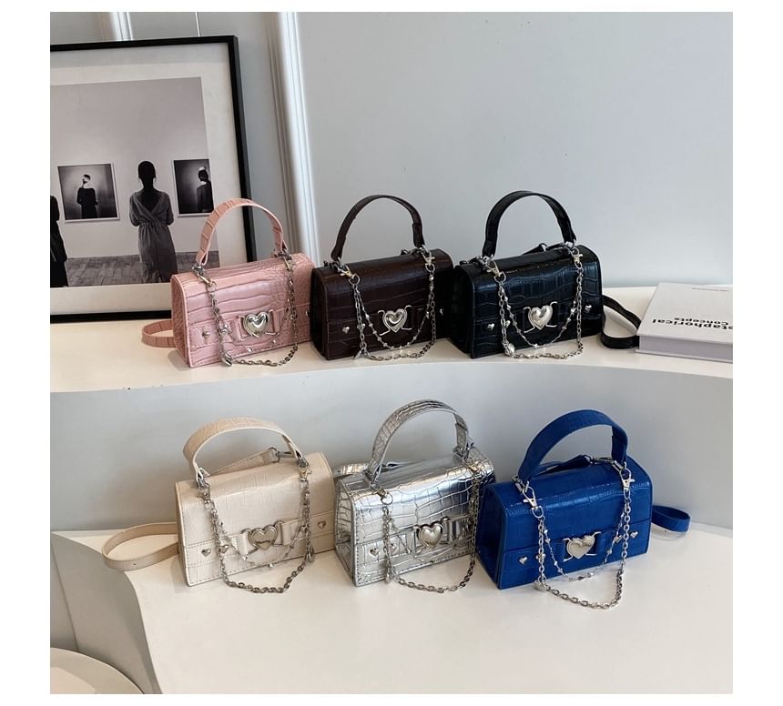 Heart Grain Crossbody Buckled Croc Bag Flap
