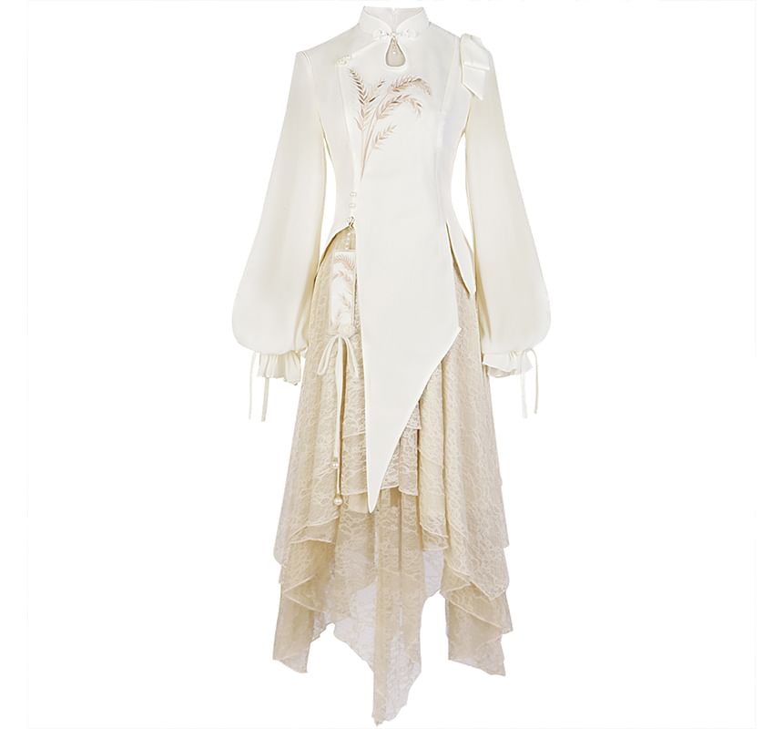 Lolita Long-Sleeve Embroidered Hanfu Blouse / Mid Rise Lace Midi A-Line Skirt / Set