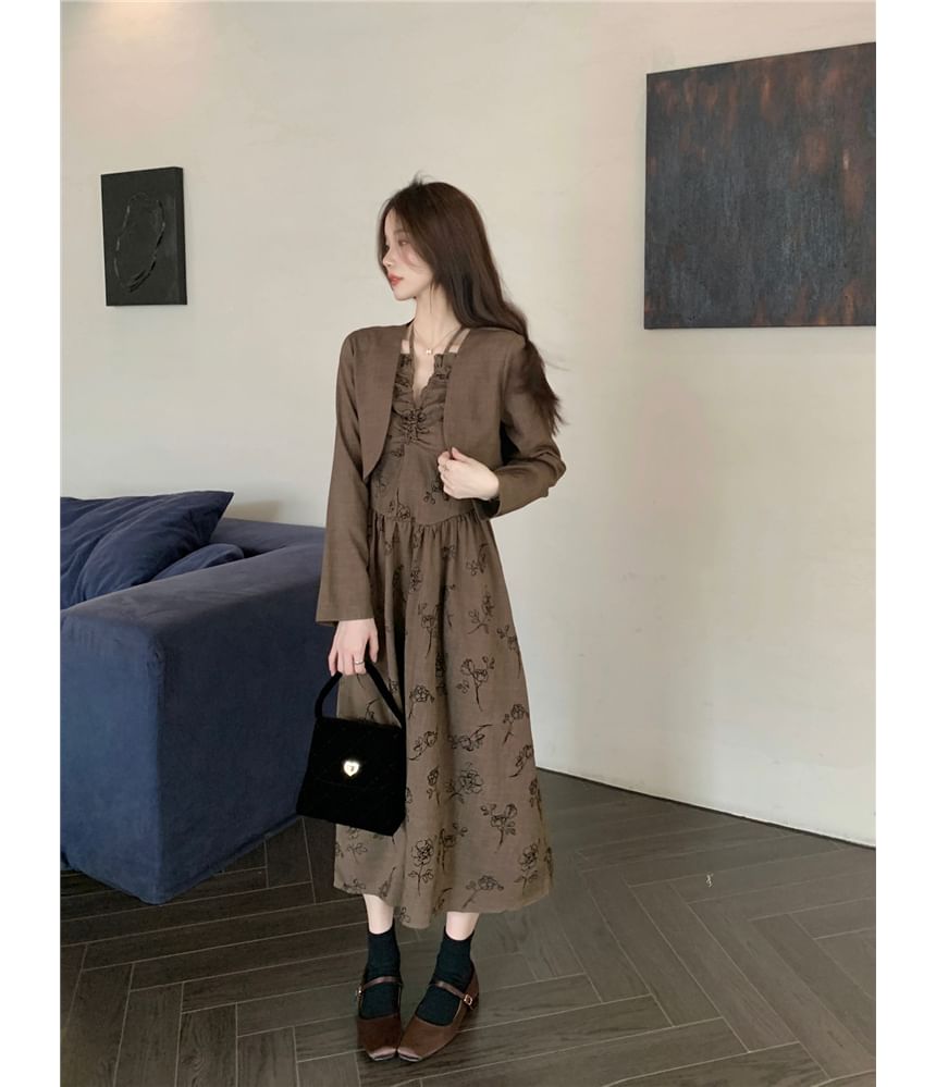 Long-Sleeve Notch Neck Floral Midi A-Line Dress / Plain Cropped Jacket MK Kawaii Store Long-Sleeve Notch Neck Floral Midi A-Line Dress / Plain Cropped Jacket MK Kawaii Store
