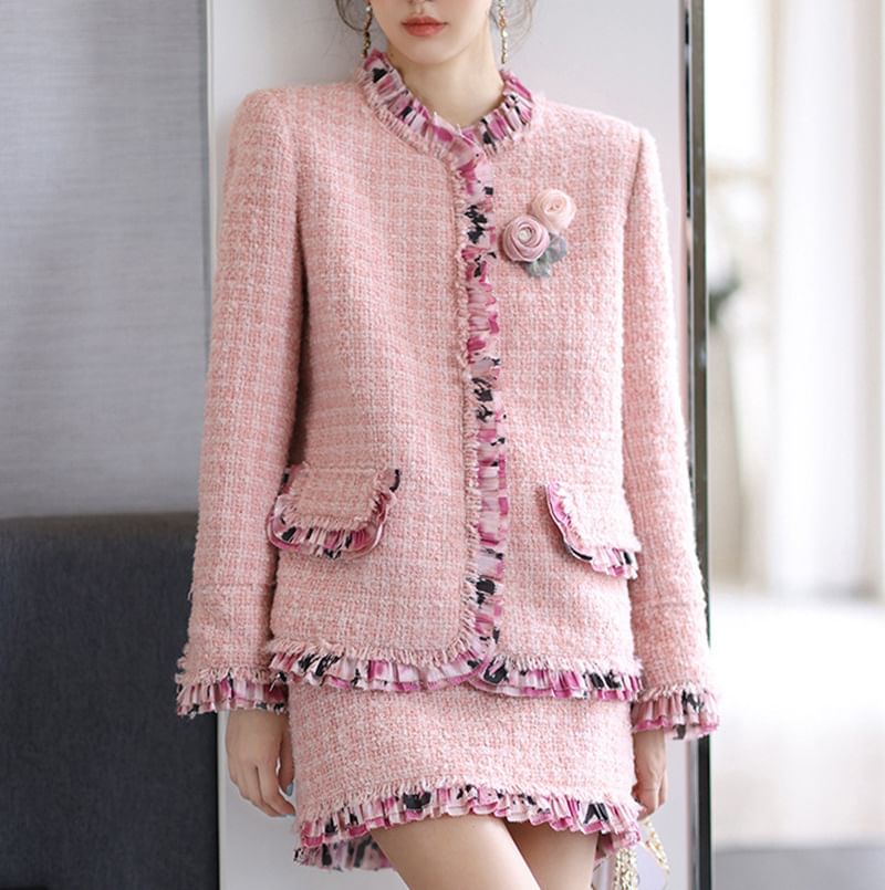 Set: Tweed Plaid Floral Printed Ruffle Trim Jacket + High Waist Mini A-Line Skirt