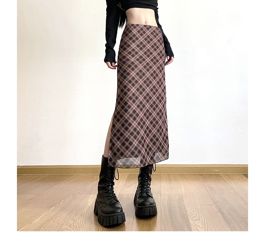 Skirt A-Line Waist Plaid Mid Midi