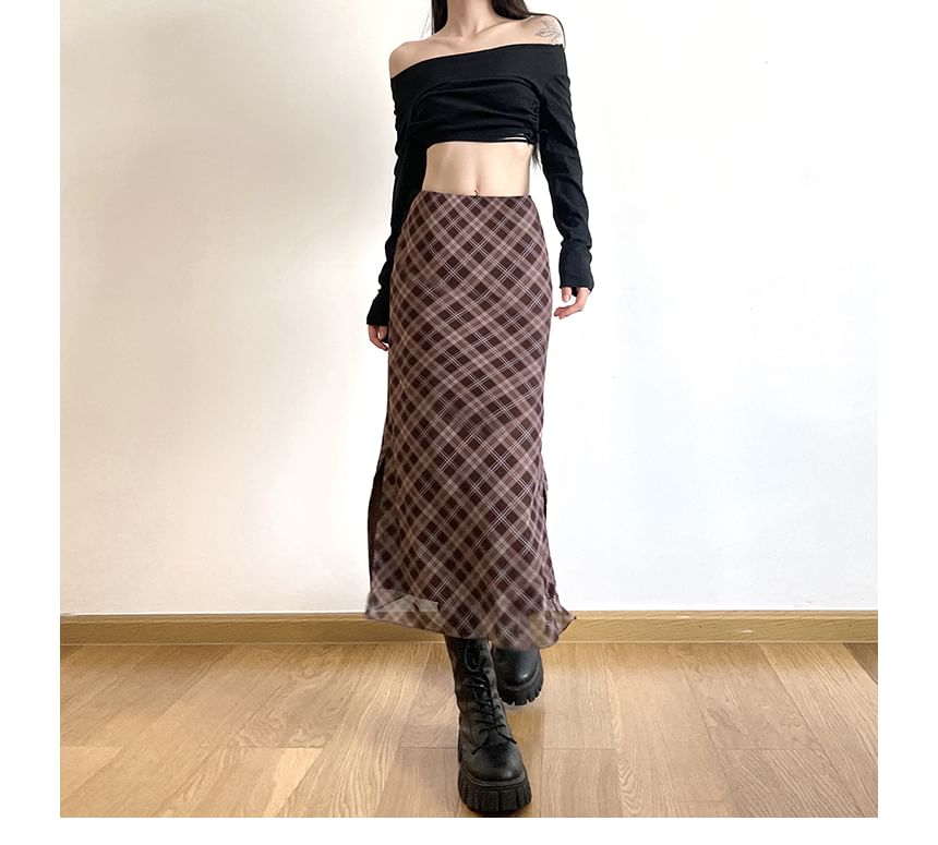 Skirt A-Line Waist Plaid Mid Midi