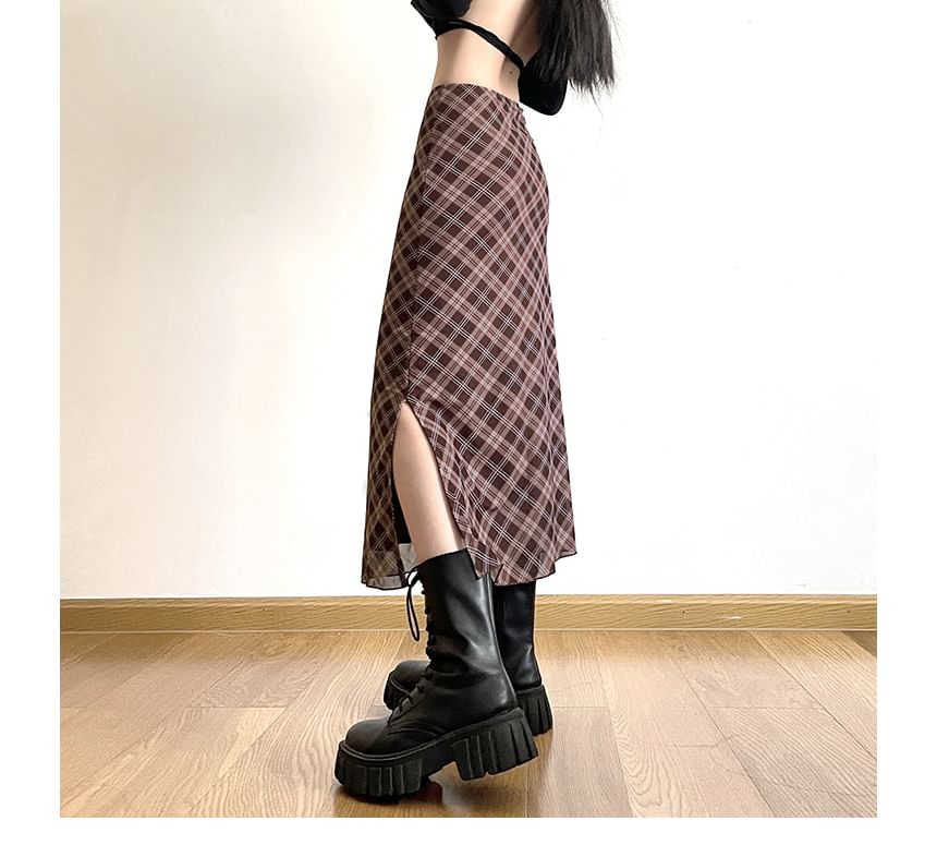 Skirt A-Line Waist Plaid Mid Midi