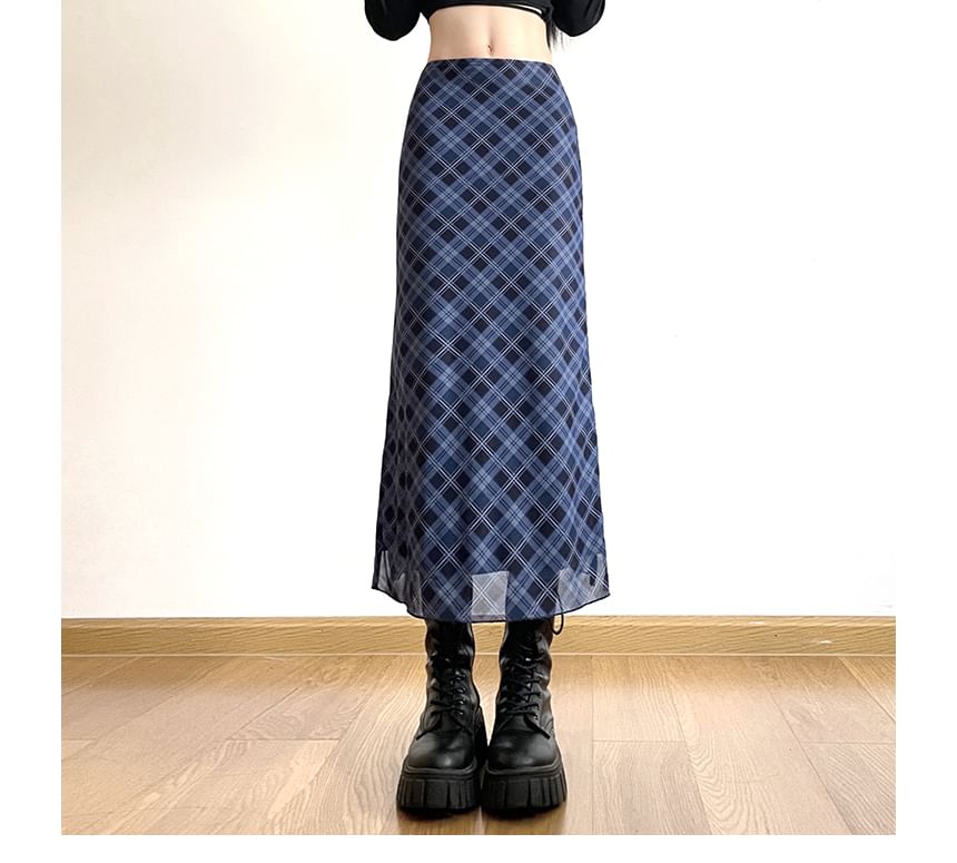 Skirt A-Line Waist Plaid Mid Midi