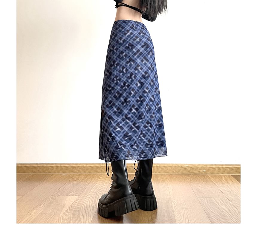 Skirt A-Line Waist Plaid Mid Midi