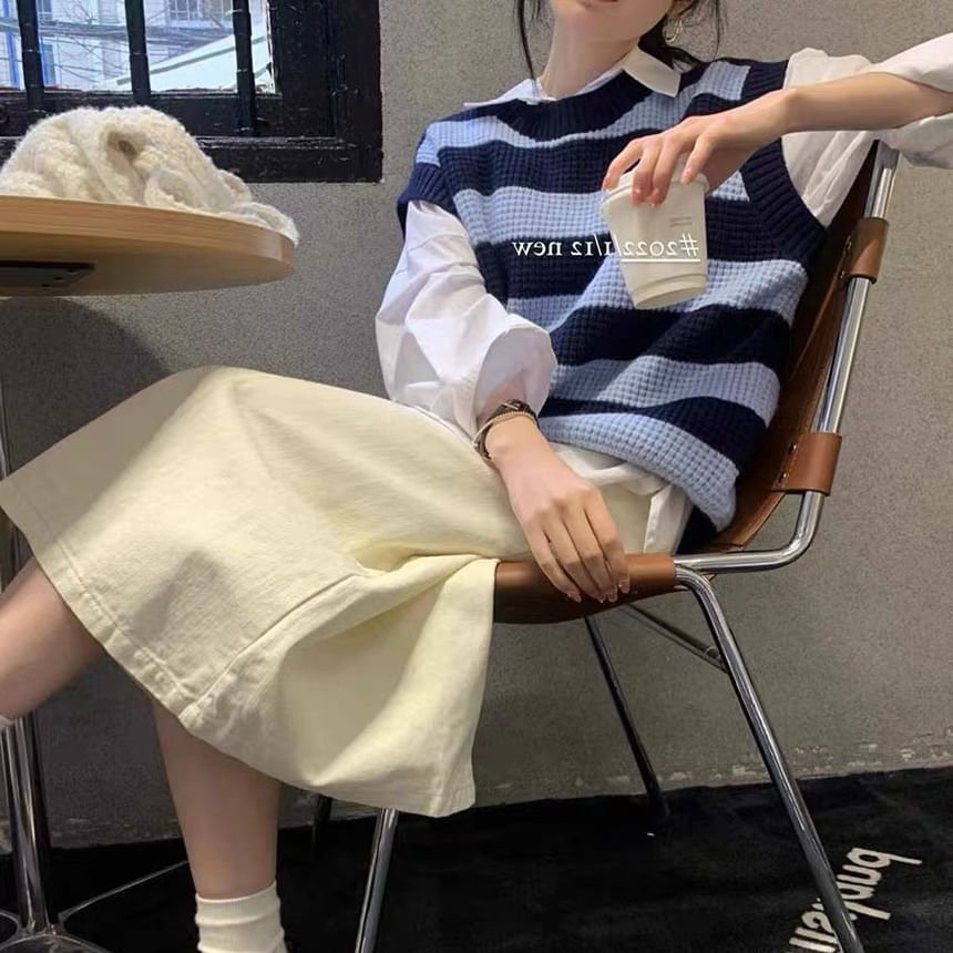 Striped Sleeveless Vest Round Neck Knit